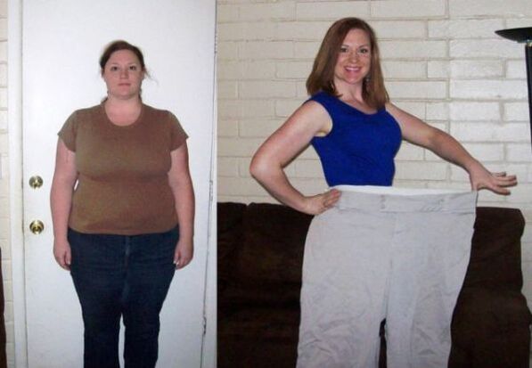 Mujer antes y después de una dieta para beber. 